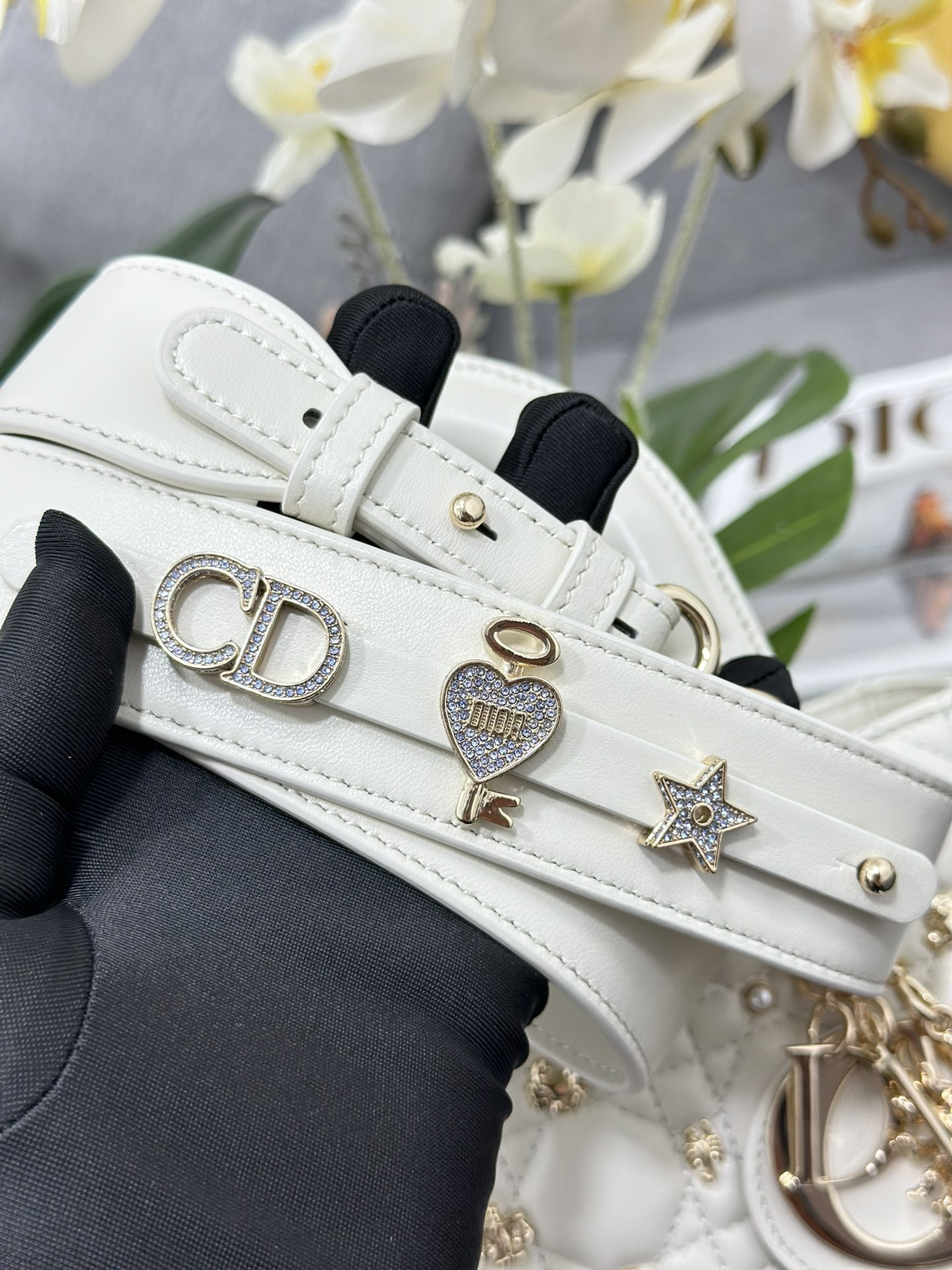 Small Lady Dior Bag White Lambskin with Star Sign Nail